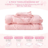 Wowelife Princess Toddler Bedding Set for Girls, Boho Toddler Bed Set, 4 Pieces Ruffles Jacquard Embroidery Toddler Comforter with Comforter, Fitted Sheet, Flat Sheet and Pillowcase, Pink Wowelife