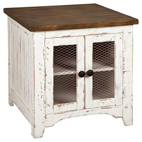 Signature Design by Ashley Wystfield Farmhouse End Table with Storage, Distressed White & Brown Finish - WoodArtSupply