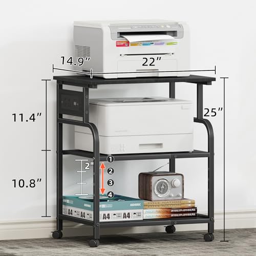 YAOHUOO 3 Tier Large Printer Stand with Power Outlet/Adjustable Storage Shelf, Rolling Cart with Wheels, Printer Table for Home Office 3D Printer/Heat Press/Laster, 22"×15" Black