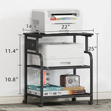 YAOHUOO 3 Tier Large Printer Stand with Power Outlet/Adjustable Storage Shelf, Rolling Cart with Wheels, Printer Table for Home Office 3D Printer/Heat Press/Laster, 22"×15" Black