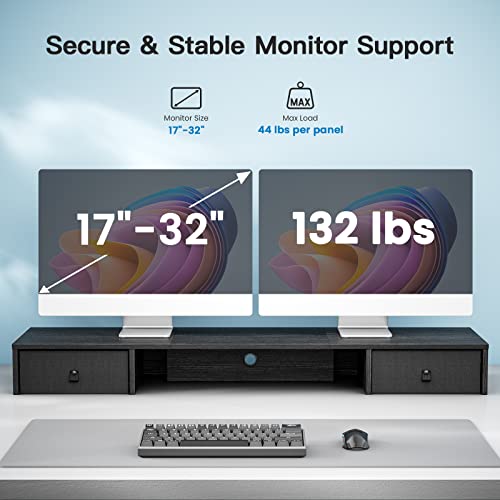 HUANUO Dual Monitor Stand with 2 Drawers , Monitor Riser for 2 Monitors, Extra Large Storage, Multifunctional Desktop Organizer, Computer Monitor Stand for Desk, Laptop, PC, TV, Printer HUANUO