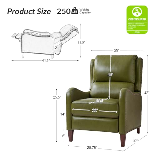 HULALA HOME Genuine Leather Recliner Chair, Modern Push Back Recliner Armchair with Thick Seat, Backrest & Footrest, Nailhead Decor for Living Room, Bedroom, Olive