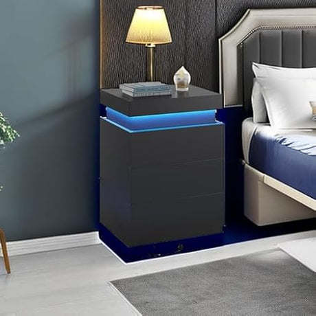BTHFST LED Nightstands Set of 2,Night Stands for Bedroom Set of 2,Nightstand with Charging Station and Sliding Top,Bedside Table with Power Outlets & Drawers,Modern End Side Table (Black) BTHFST