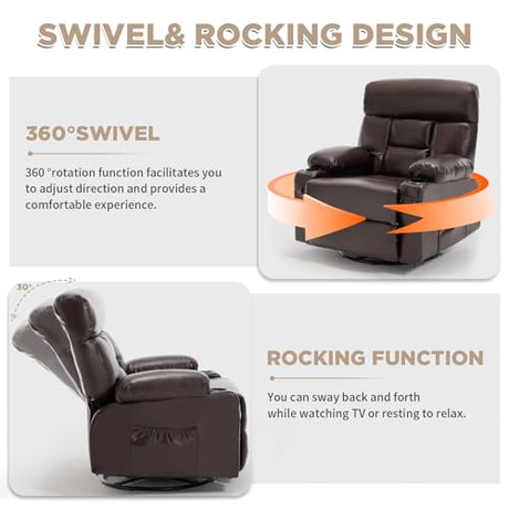 Comermax Rocker Recliner Chair with Heat and Massage, Wide Seat Heated Massaging Reclining Chair, Faux Leather Manual Swivel Rocking Recliners with Cup Holder, Dark Brown Comermax