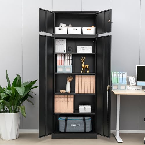 Metal Storage Cabinet, 87" H x 32" W x 16" D Locking Cabinet with Top Cabinet and 4 Adjustable Shelves, Steel Storage Cabinet for Office, Garage, Home-Black - WoodArtSupply