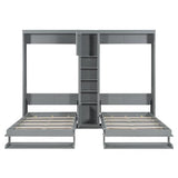 Aiuyesuo Dual Twin Size Wall Murphy Beds with Cabinets and Shelves, Pinewood Murphy Beds Frame with Convertible Shelf-Legs and Central Storage Unit for Guest Room, Bedroom, Home, Office (Gray-JU15) Aiuyesuo