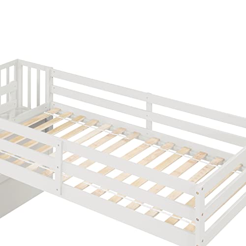 Twin Size Low Loft Bed with Stairs,Kids Loft Bed with Storage Staircase,Twin Bed Frame for Kids Boys Girls,White Bellemave