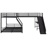 Bellemave Twin Over Full Bunk Bed Frame with Twin Size Loft Beds, Heavy Duty Triple Bunk Bed with Slide, Build in Ladder and Guardrail, L-Shaped Bunk Beds with Desk, Black Bellemave