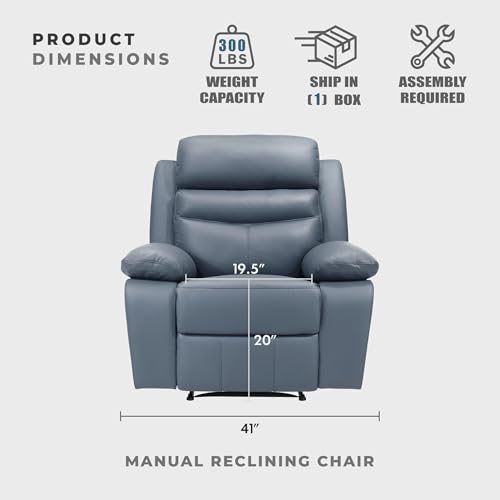 Lexicon 41" W Manual Reclining Chair, Top Grain Leather Match Recliner, Home Theater Seating, Wall Hugger Recliner, Manual Reclining Sofa Chair for Living Room/Office/Apartment, Blue