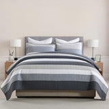 DUOHONG 100% Cotton Quilt Set King Size, King Quilt Bedding Set, Striped Pattern Quilt Bedspread for King Bed, Modern Minimalist Bed Spread Lightweight Comforter, 3Pcs, Charcoal-Blue/Gray/White DUOHONG