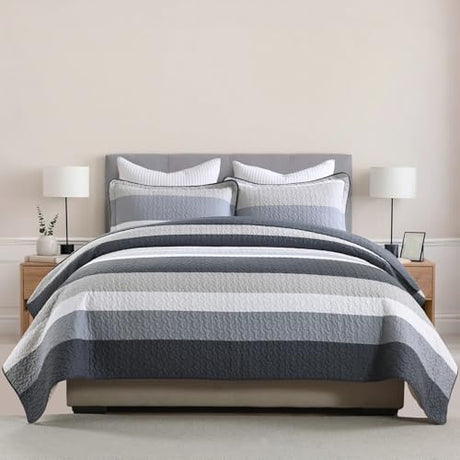 DUOHONG 100% Cotton Quilt Set King Size, King Quilt Bedding Set, Striped Pattern Quilt Bedspread for King Bed, Modern Minimalist Bed Spread Lightweight Comforter, 3Pcs, Charcoal-Blue/Gray/White DUOHONG