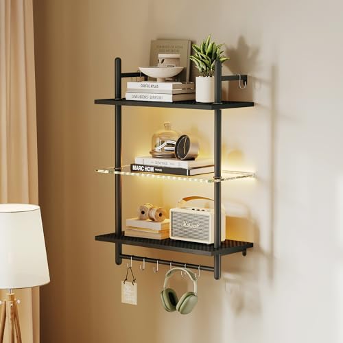 Bestier Gaming Floating Shelves, 24 inch LED Wall Mounted Shelves with Towel Bar, Coffee Bar Shelves with Glass Shelf & 8 Hooks, 3 Tier Hanging Display Rack for Wall Decor, Black Carbon Fiber - WoodArtSupply