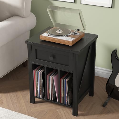 HOSEOKA Record Player Stand with Vinyl Record Storage, Turntable Stand with Charging Station, Wood Vinyl Record Holder Cabinet Dispaly Shelf with Drawer, Black HOSEOKA