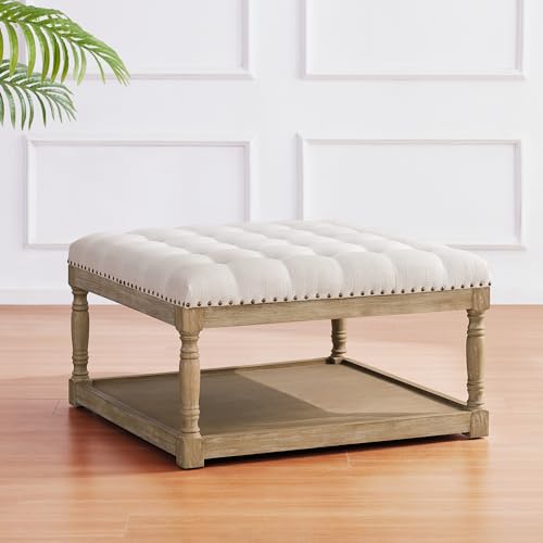 HUIMO 33-inch Large Square Ottoman Coffee Tables for Living Room, Tufted Upholstered Linen Ottoman with Storage Shelf and Solid Legs for Office Bedroom Farmhouse (Beige)