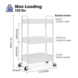 TOOLF 3-Tier Rolling Cart, Metal Utility Cart with Lockable Wheels, Storage Craft Art Cart Trolley Organizer Serving Cart Easy Assembly for Office, Bathroom, Kitchen, Kids' Room, Classroom (White) TOOLF