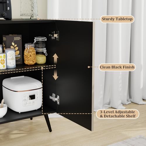 Vrmuxita Sideboard Buffet Cabinet with Storage: 63" Black and Oak Credenza Storage Cabinet for Living Room, Mid Century Modern Console Table with 4 Doors, Fluted Long Accent Cabinets (Oak) Vrmuxita