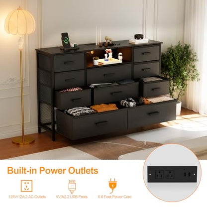 Harpaq Dresser with Charging Station, Black Dresser for Bedroom with 10 Drawers, TV Stand Dresser with LED Light for 55" TV, Fabric Drawer Dresser with PU Finish, Chest Dresser for Bedroom, C - WoodArtSupply