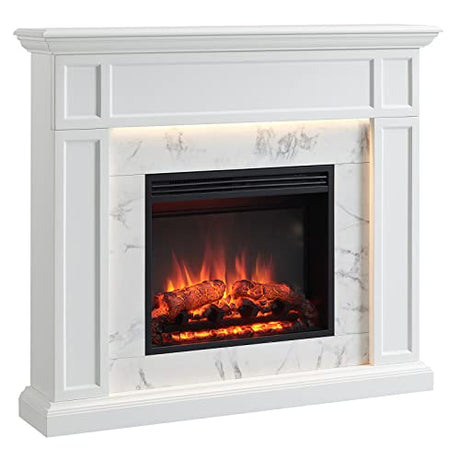 LegendFlame Fireplace Suite Sheraton, 48 Inch Mantel Surround, Cream White with Snow White Marble Pattern Finish, with 23 Inch Electric Fireplace Insert, 750W/1500W, Mood Light, Remote Control Legend Flame