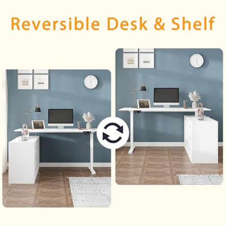 Lovinouse Large White Electric Adjustable Standing Desk, Reversible L Shaped Office Work Desk with Storage Drawers, Adjustable Height and Shelves, Rising Study Computer Table for Home Office, Bedroom Lovinouse