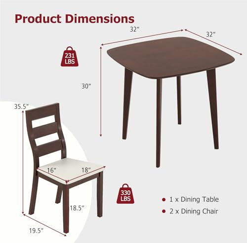 Tangkula Compact Dining Table Set for 2, Wooden Round Kitchen Table & 2 Chairs with Cushioned Seats, 3-Piece Dining Set for Small Spaces, Kitchen, Living Room Tangkula