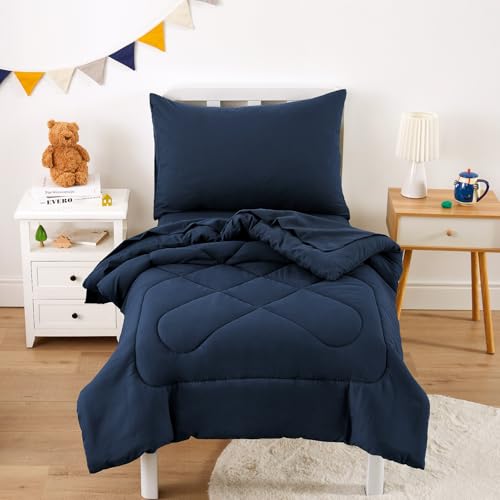 Wake In Cloud - Toddler Bedding Set for Boys Girls, 4 Pieces Soft Crib Bed Set Including Comforter, Sheets and Pillowcase, Navy Blue Wake In Cloud