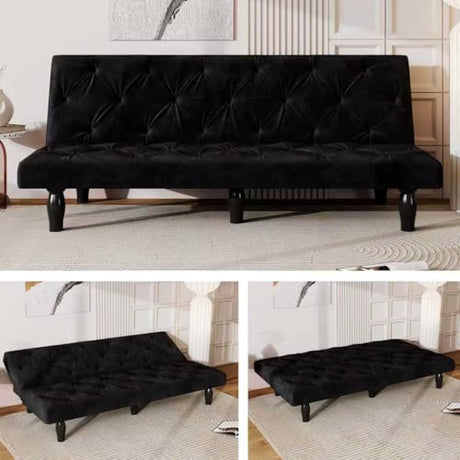 Anwick 3-in-1 Futon Sofa Bed, 66" Velvet Love Seat Sleeper Bed with Adjustable Backrest, Multifunctional Reclining Couch Sofas for Small Spaces, Living Room, Office, Guest Room (Black) Anwick