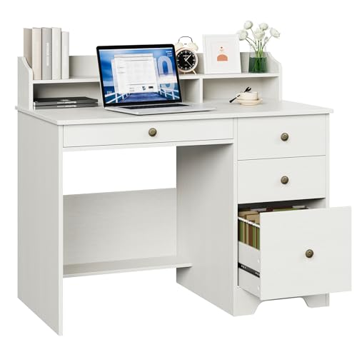TTVIEW Computer Desk with Drawers and Hutch Shelf, Wood Executive Desk Writing Study Table with 43” Wide Tabletop, Small Desk with File Drawer for Home Office Bedroom, White Oak TTVIEW