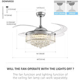 NOXARTE 48 Inch Crystal Chandelier Ceiling Fan with Light Fandelier Ceiling Fan with Light Retractable Blades Fan with Remote Control 48" Dimmable Fandelier for Bedroom Living Room NOXARTE