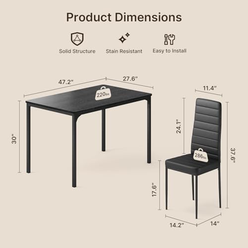 Gizoon Dining Table Set for 4, Kitchen Table Chairs Set of 4, 5 Piece Kitchen Table Set with 4 Upholstered PU Leather Chairs for Dining Room, Living Room, Apartment, Small Space, Black Gizoon