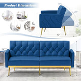 ACMEASE Velvet Futon Sofa Bed w/Adjustable Armrests & Backrests, Button Tufted Sleeper Couch, Modern Convertible Loveseat Sofa for Bedroom, Living Room, Apartment, Blue ACMEASE