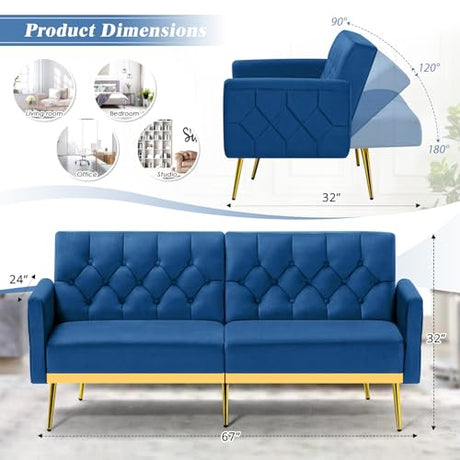 ACMEASE Velvet Futon Sofa Bed w/Adjustable Armrests & Backrests, Button Tufted Sleeper Couch, Modern Convertible Loveseat Sofa for Bedroom, Living Room, Apartment, Blue ACMEASE