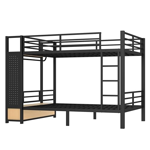 Bellemave Full Over Full Metal Bunk Bed with Storage Drawers and Shelves, Heavy Duty Bunk Beds with Pegboard and Coat Rack for Kids, Adults,Black、 Bellemave