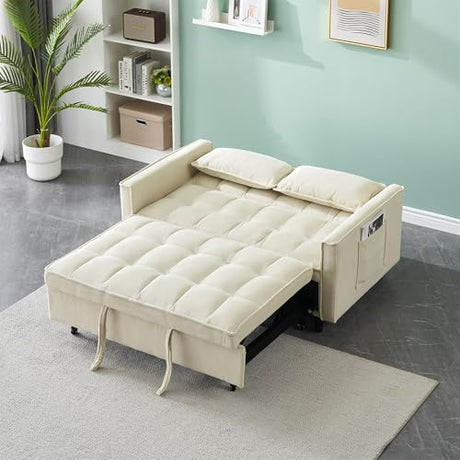 PBOGHLRD Modern Corduroy Loveseat Futon Sofa Couch with Pullout Bed, Small Lounge Sofa with Reclining Backrest, Folding Sleeper Sofa Bed for Living Room, Bedroom, Office, Apartment (Beige) PBOGHLRD