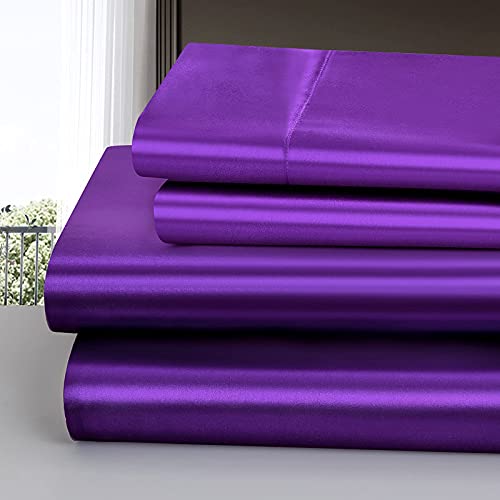 Homiest 4pcs Satin Sheets Set Luxury Silky Satin Bedding Set with Deep Pocket, 1 Fitted Sheet + 1 Flat Sheet + 2 Pillowcases (King Size, Purple) Homiest