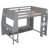 Full Size Gaming Loft Bed with Desk & RGB Light & Open Wardrobe,Wooden Loft Bed Frame with Storage Shelves,Safety Guardrails,Ladder and Under Bed play Space for Teens Adults,No Box Spring Needed,Grey Harper & Bright Designs