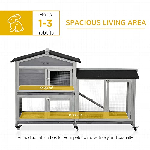 PawHut 62" Rabbit Hutch, Wooden Bunny Hutch, Guinea Pig Cage, Small Animal Enclosure with Wheels, Run Area, Removable Tray, Asphalt Roof, Lockable Doors and Ramp, Gray - WoodArtSupply