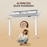 TIQLAB Standing Desk with Two Drawers, Stand Up Standing Desk Adjustable Height, Electric Sit Stand Table with Storage Shelf and Splice Board, 55 * 24 inch, White TIQLAB