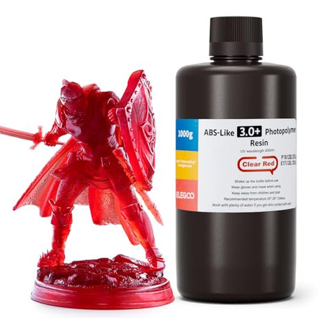 ELEGOO ABS-Like 3.0+ 3D Printer Resin Transparent Red 1000g, High Heat-Resistance 3D Printing Resin, Lower Viscosity and Shrinkage, 405nm LCD UV-Curing for MSLA/LCD/DLP 3D Printer ELEGOO
