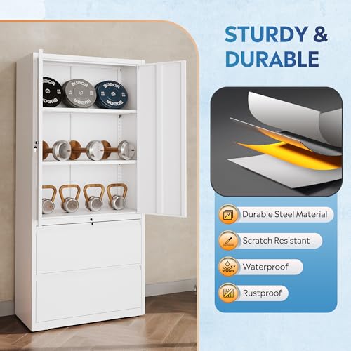 DEVAISE 71" Metal Storage Cabinet, 2-Drawer Lateral File Cabinet, Adjustable Shelves & Doors, White Garage Storage Cabinet, Heavy Duty Tall Cabinet for Home Office, Garage Organization DEVAISE