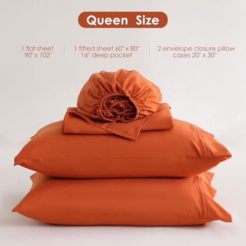 JSD Burnt Orange Queen Sheet Set with Side Pocket Corner Straps, 4 Piece Soft Microfiber Bed Sheets Extra Deep Pocket JSD