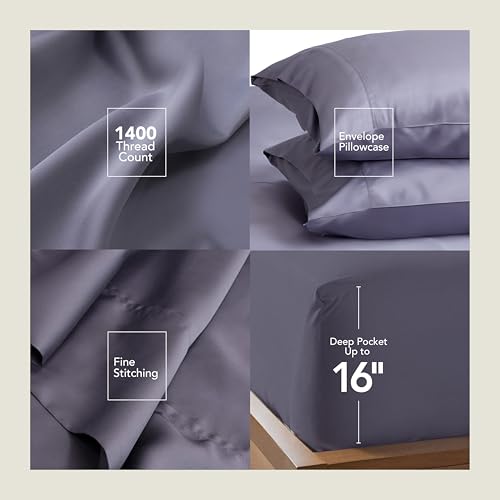 EPITEX Solid 4 Piece Queen Sheet Set - Viscose Derived from Bamboo, 1400 Thread Count, Breathable and Cooling Bed Sheets Set, Luxurious Silky Bedding for Hot Sleeper, Deep Pocket Up to 16'', Charcoal EPITEX