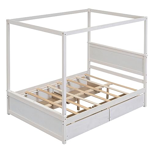 RORIGAT Wood Canopy Bed with 4 Storage Drawers, Full Size Canopy Platform Bed with Support Slats, 4-Post Wood Platform Bed with Headboard,for Kids Teens Adult, No Box Spring Needed,Brushed White