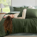 Bedsure Queen Comforter Set - 7 Pieces Olive Green Queen Bedding Set for All Seasons, Boho Contrasting Design Bed in a Bag with Comforter, Sheets, Pillowcases & Shams Bedsure