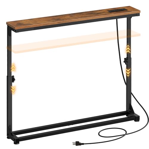 HOOBRO Narrow Console Table with Charging Station, Adjustable Height Sofa Table (25''-32.9''), Slim Behind Couch Table for Small Spaces, Entryway, Living Room, 39.4" Rustic Brown BF95UXG01 HOOBRO