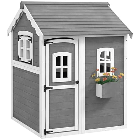 Outsunny Playhouse for Kids Outdoor, Wooden Playhouse with Floors, Doors, Windows, Planter Box, for 3-8 Years Old, Backyard, Lawn, Garden, Gray Outsunny
