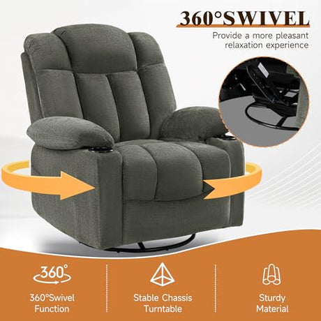 Vawobl Swivel Rocker Recliner Chair for Adults – Manual Glider Sofa with Massage, Heat & Vibration, 360° Rocking for Living Room (Dark Gray, 30"x30"x40") Vawobl