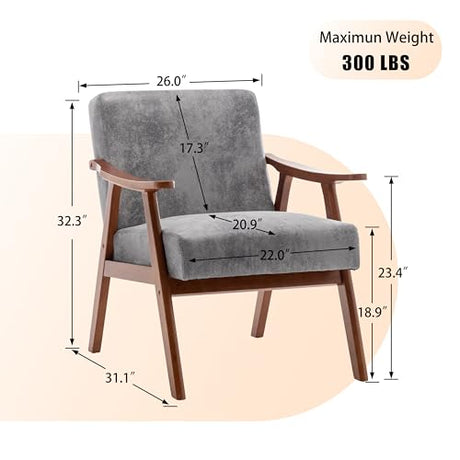 Furnimart Grey Accent Chair, Mid Century Modern Living Room Chair with Wood Frame, Comfy Armchair Wingback Chair for Office Study Vanity Bedroom Waiting Room Furnimart