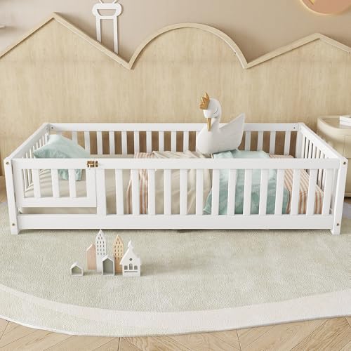 Twin Floor Bed with Slats, Fence and Door, Twin Size Montessori Floor Bed for Kids, Girls, Boys, Easy Assemble Montessori Bed Frame(Twin White) Bellemave