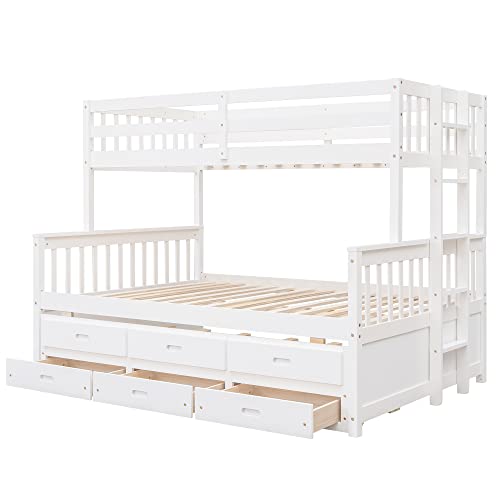 Ball & Cast Twin-Over-Full Bunk Bed with Twin-Size Trundle and Drawers,Separable Wood Bunkbed w/Full-Length Guard Rail & Slat Support,Space Saving,Bedroom Furniture for Student Dorms,Studio,White Ball & Cast
