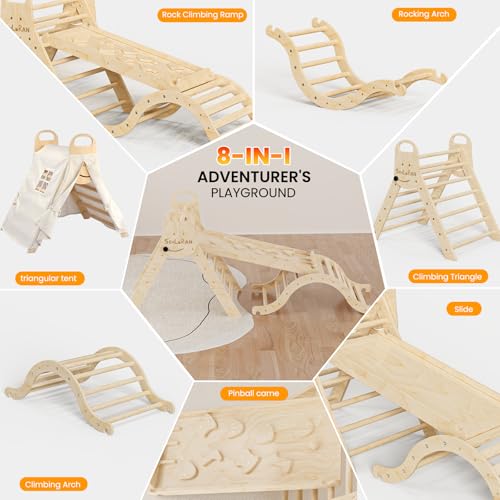 Sehloran Large Size 8 in 1 Pikler Triangle Set with Pinball Game and Tent for Kids, Foldable Toddler Climbing Toys Indoor, Natural Wooden Montessori Climbing Set Jungle Gym with Arch&Ramp&Ladder